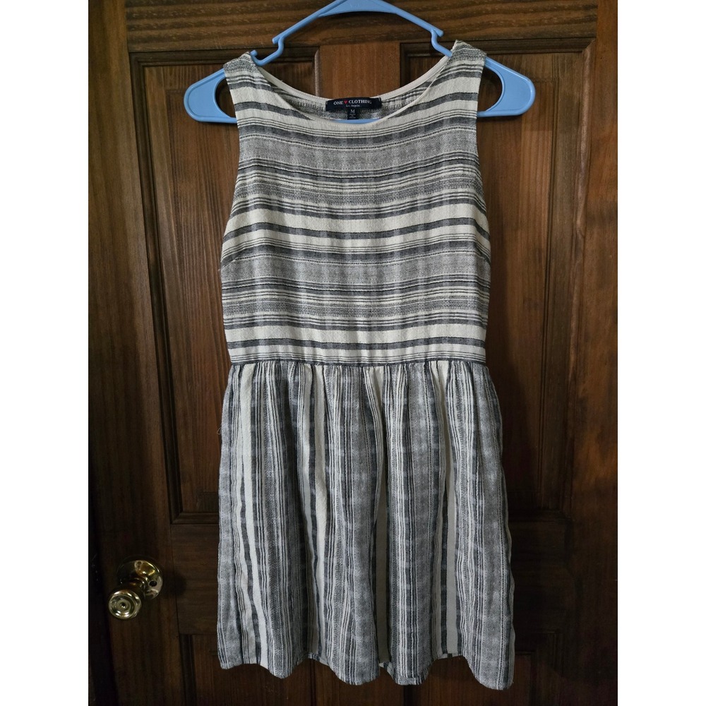 One Clothing Grey White Striped Sleeveless Fit and Flare Cotton Mini Dress M‎